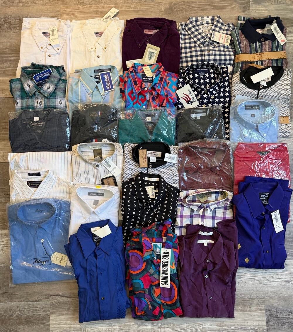 Lot of 28 Vintage Men’s Button-Up Shirts – New Old Stock (NOS) – 1980s–1990s